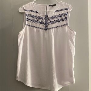Adrianna Papell White Top with Blue Embroidery
